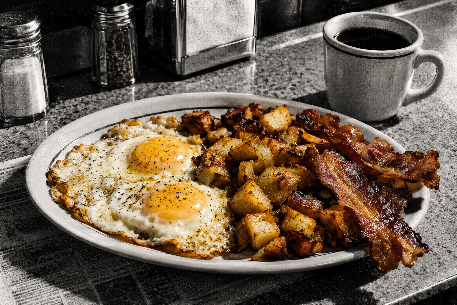 Illustrative breakfast plate with eggs, home fries and coffee