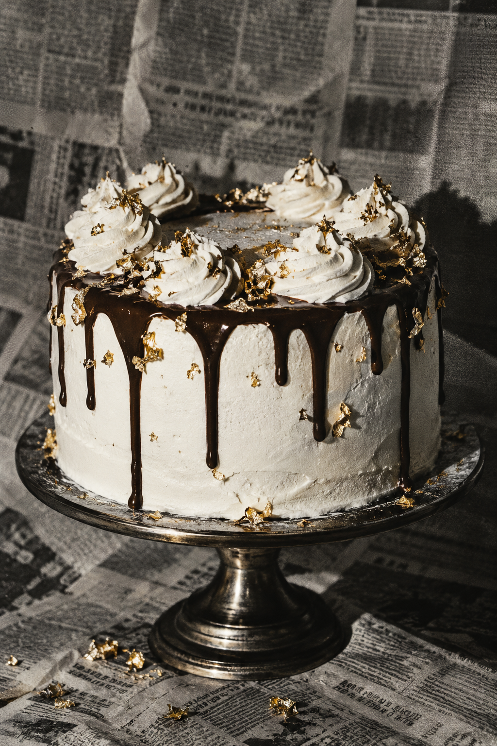 Illustrative frosted celebration cake with chocolate drip and gold leaf